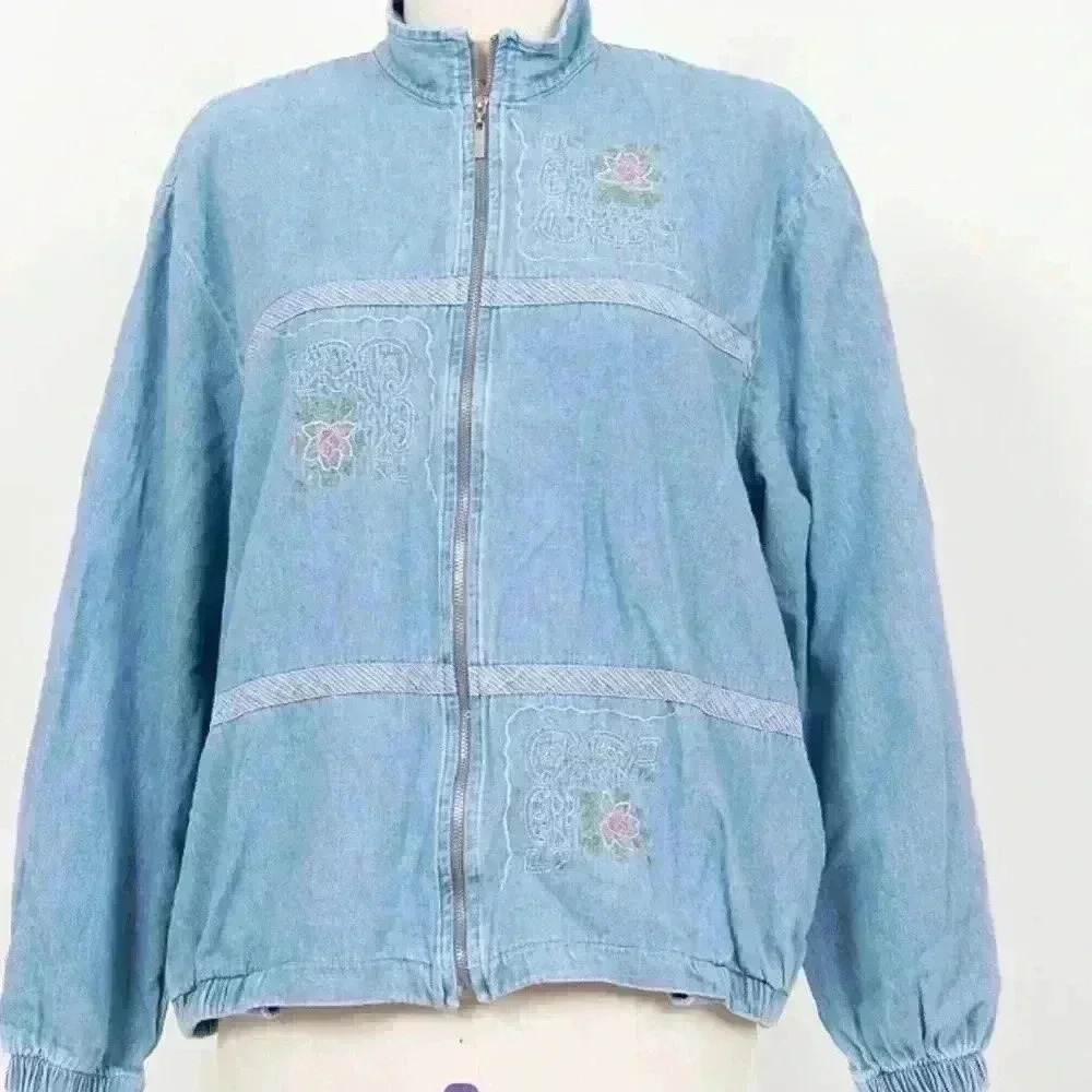 vintage 90s floral print embroidered boho hipster zip up jean jacket size large